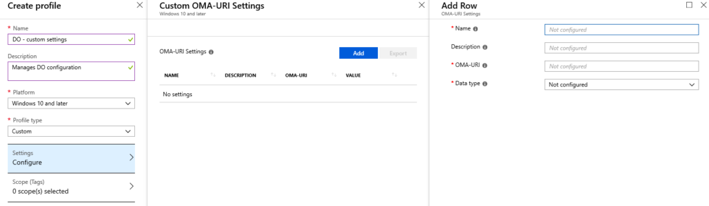 View of an empty custom device profile in Intune